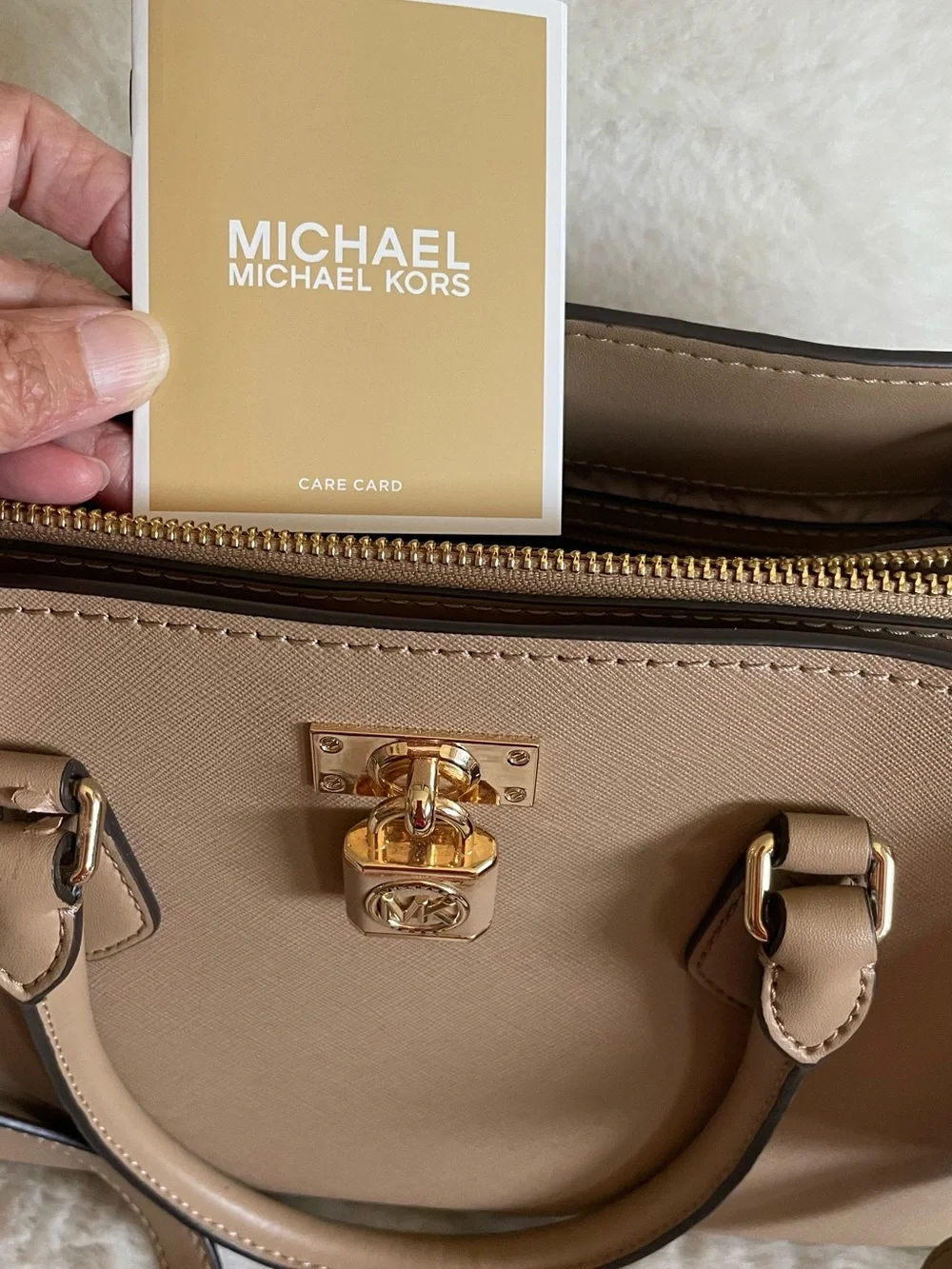 NWT Michael Kors Taupe Saffiano Leather Satchel with Gold Hardware.